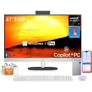HP All-in-One Desktop Computer 27 Inch Touchscreen, AMD Ryzen AI 7 350 w/50 NPU Tops, 32/64 GB DDR5, 2/4 TB SSD, FHD IPS Display, Copilot+ PC, Wi-Fi 6, BT 5.4, FHD Cam, Windows 11 Pro, Wireless KB & Mouse