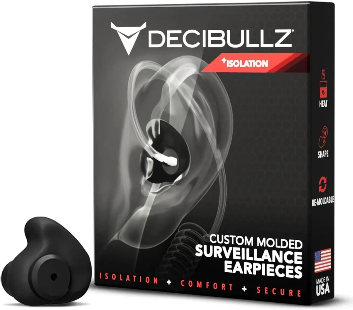 Decibullz DBZ-PLG1-BK-ISO Custom Molded Audio Surveillance Earbud - Dual Compatible Single Ear Isolation Earpiece for Radio, Black, Dual Compatible Single Ear Earphone