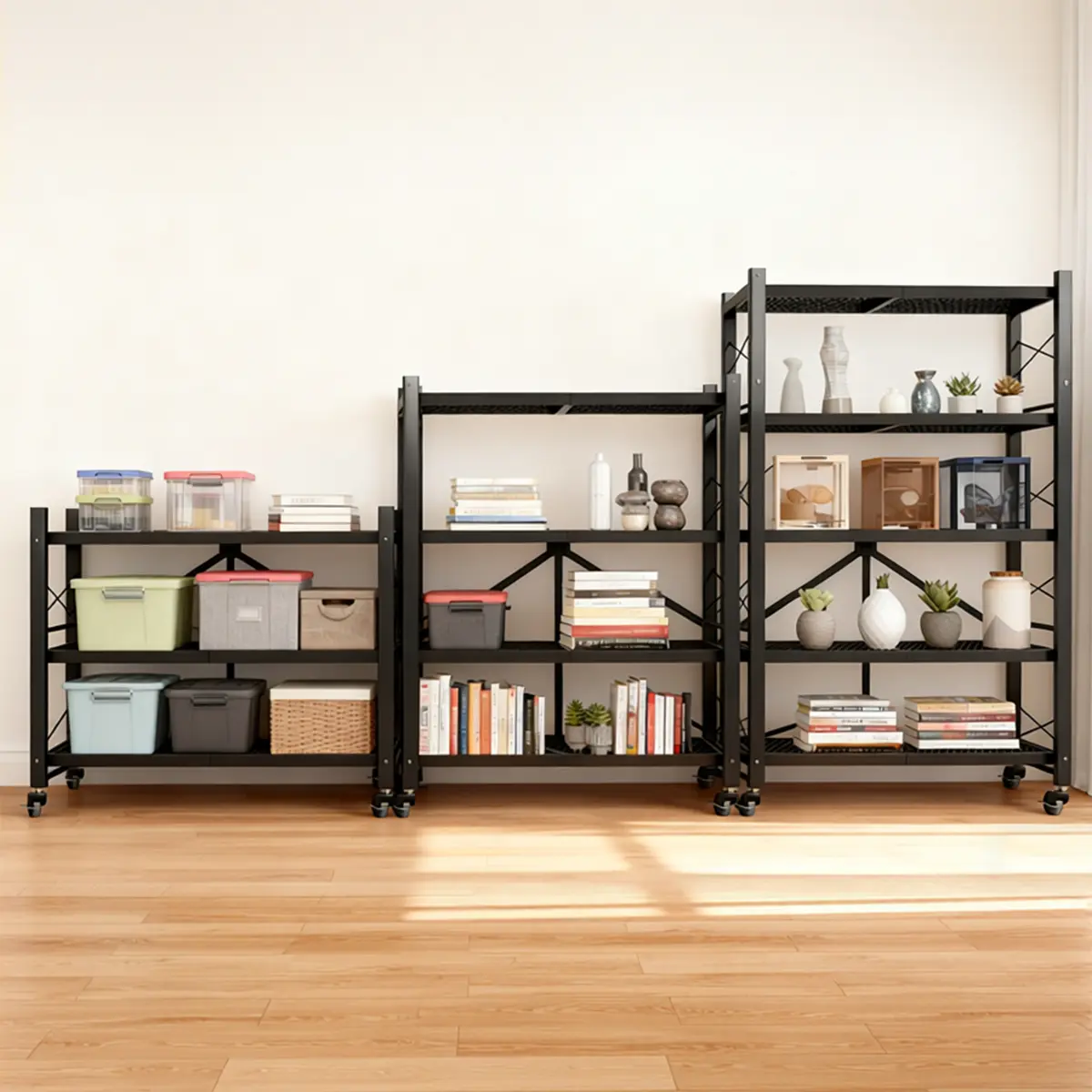 Grezone Foldable Steel Storage Rack - Heavy-Duty Metal Shelf with Wheels, No-Assembly Collapsible Adjustable Unit for Kitchen, Garage homeessentials