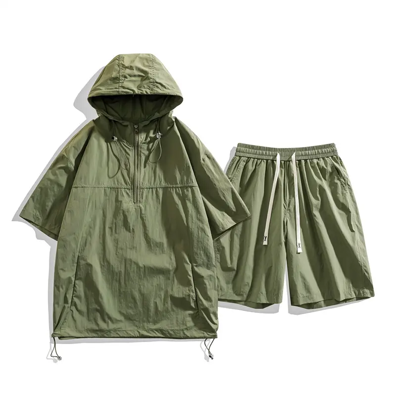 Men’s ice silk cool-touch quick-dry sports set for summer outdoor activities, sun-protective hooded short-sleeve top and straight shorts two-piece set-stylish, versatile, minimalist, comfortable, premium quality # SummerVibes