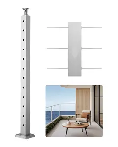 Stainless Steel Cable Railing Post For Deck And Stair, 42x2x2 Inch Level Post, 1-Pack With Pre-Drilled Pickets And Mounting Bracket, Silver Finish, Cable Handrail Post System For Outdoor Railing Kit