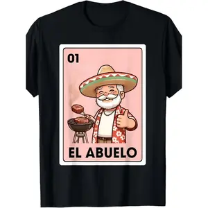 Mens El Abuelo Mexican Bingo TShirt Featuring Retro Grandpa Style with Wide Brim Hat and Maracas