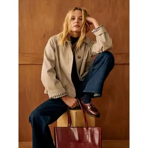 Women's Cropped Trench Coat, Classic Collar, Oversized Casual Jacket with Checkered Lining, Perfect for Daily Wear and Street Style