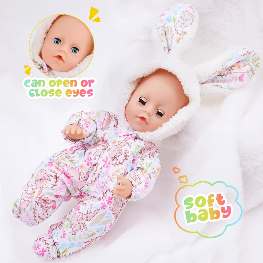 DEARBEI 10 inch Cute Baby Doll, Simulation Doll, Rabbit Pajama Rebirth Doll, Eye Movement, Washable, Soft Material, Children's Toy, Christmas Gift, Valentine's Day Gift