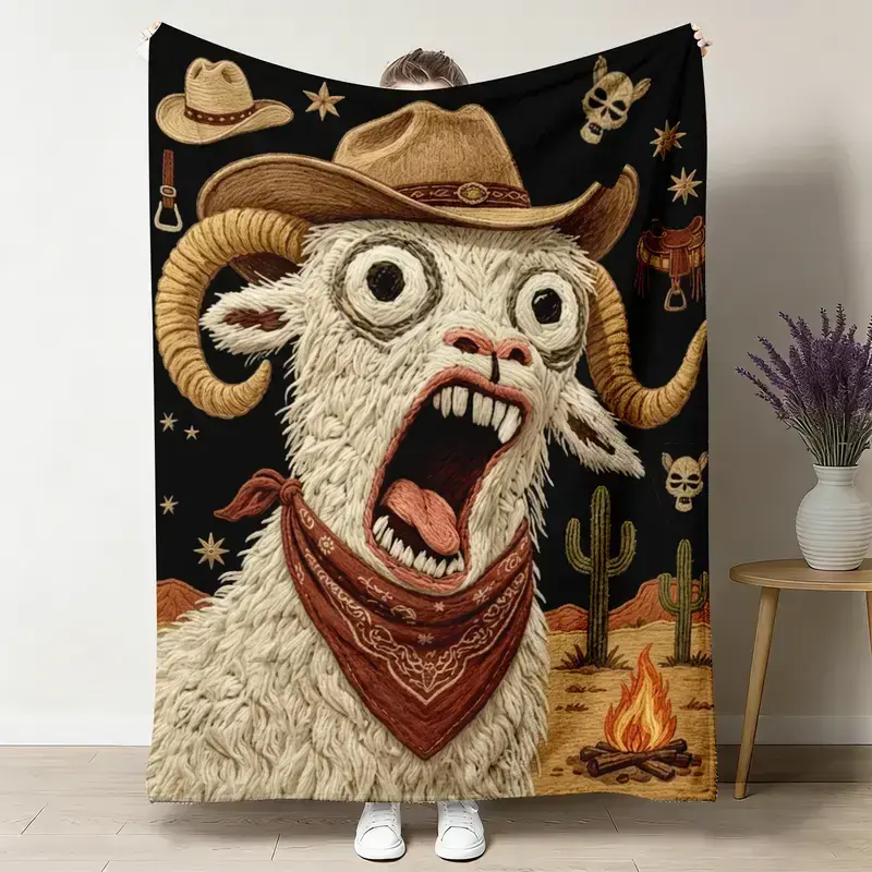 1pc Flannel Blanket Funny Screaming Goat Theme, Soft And Cozy Bedding Decorative Throw, Whimsical Style Sofa Nap Blanket, All-Season Living Room Bedroom Blanket, Multi-Functional Decorative Throw, Gift For Whimsical Style Lovers, Home Decor Blanket
