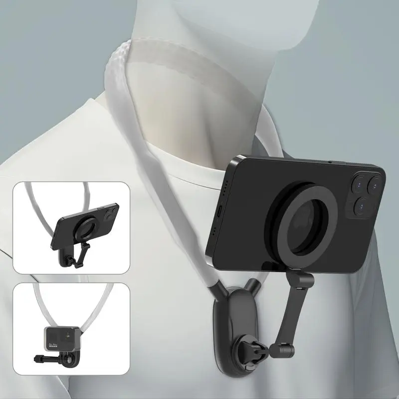 Durable Alloy-Aluminium Magnetic Cellphone Neck Mount with Silicone Strap & Plug, Triple Layer Quick-Release Adjustable Hands-Free Filming Setup for iPhone 16/15/14/13, Smartphones, Action Cameras (Low-Angle Landscape-Compatible Mobile Accessory)