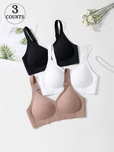 3 Pack/6 colors, Fit, solid-color women's seamless smooth jelly bra Underwear, four rows three buttons, XS-XL, fixed underwire, gathers at top, adjustable back, without steel ring, suitable for daily casual wear and commuting, Womenswear