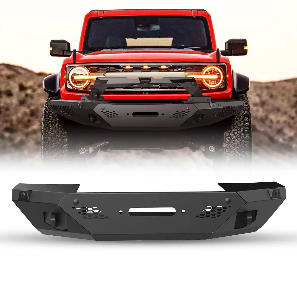 WOLFSTORM Offroad Front Bumper, Coated Metal Auto Replacement Part for Ford Bronco 2021-2026 (Not for Bronco Sport) with 2x Front Bumper Side Wings, Adjustable Bull Bar Light Tabs, Works with Factory Parking Sensors