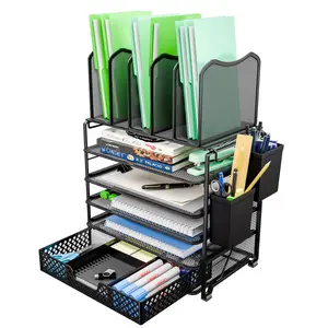 Simple Trending 5 Tier Metal Mesh Desk File Organizer, Paper Letter Tray File Holder with Sliding Drawer Organizer for Office Home, Black