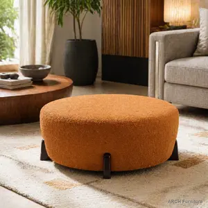 Modern Farmhouse 31.5x31.5" Round Solid Boucle Fabric Ottoman - Padded Seat Footstool, Splayed Rubberwood Legs, Pumpkin Orange Indoor Living Room Stool Furniture