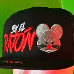 El Ratón SnapBack Plate Hat with Bold Red Text and Mouse Graphic Design