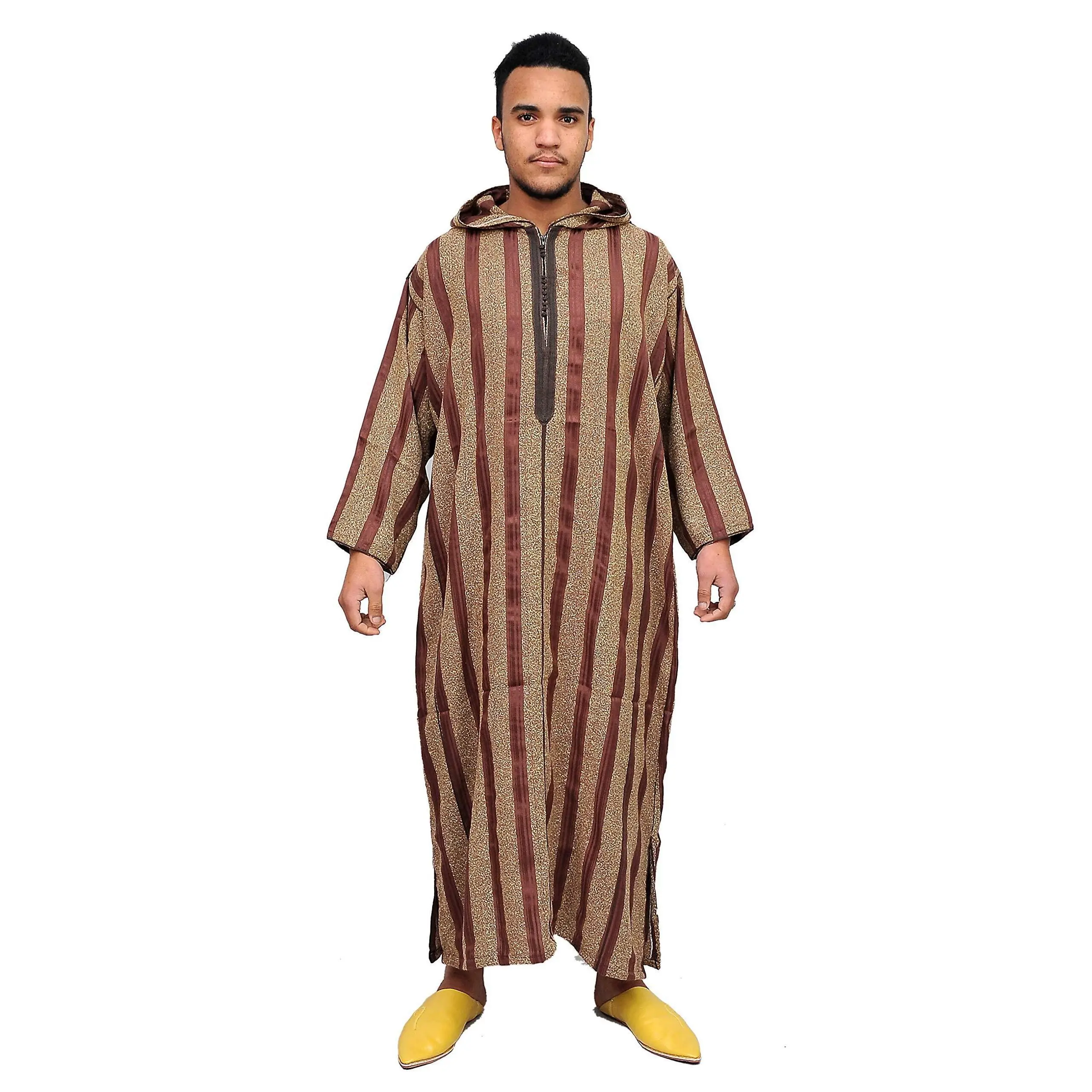 Moroccan Men Clothing Djellaba Handmade and Embroidered Breathable hooded Burgundy Stripe