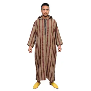Moroccan Men Clothing Djellaba Handmade and Embroidered Breathable hooded Burgundy Stripe
