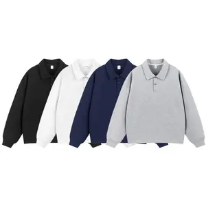 Men's Grey Heavyweight Long Sleeve Polo Shirt - Retro American Trendy Fall Brand Collared Undershirt, Ideal for Men's Fall Outfits & Streetwear Fits