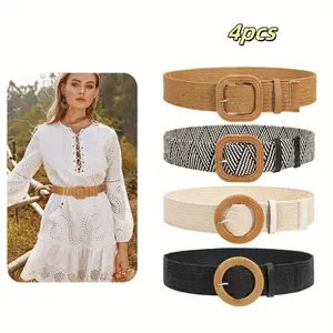 4pcs Suit Elastic Braided Belts for Women Fashion Elegant  Round Square Buckle Straw Dress Belt Waistband