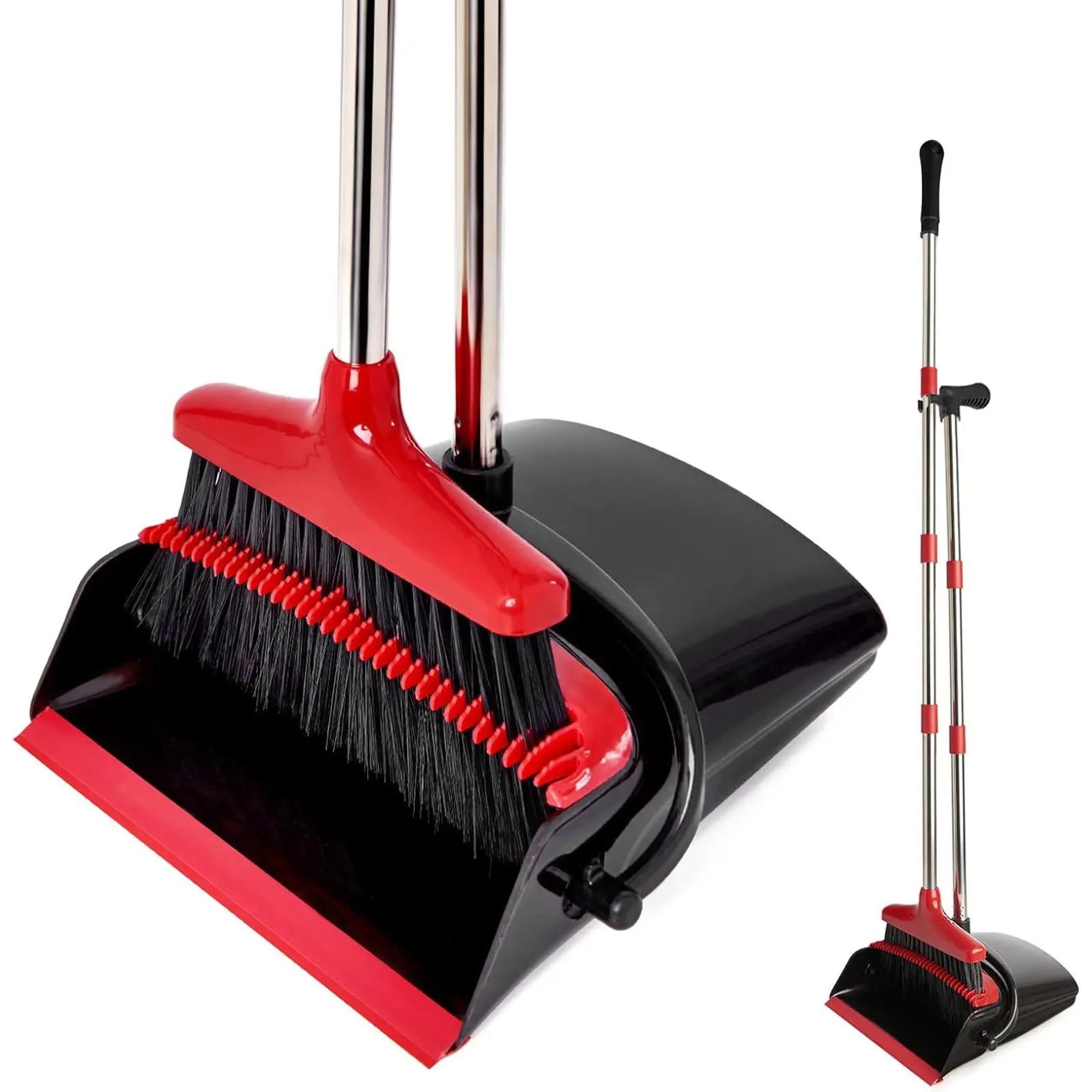 Upgrade Broom and Dustpan Set, Broom with Dustpan Combo Set, Large Size and with Long Handle, Upright,Ideal for Indoor Outdoor Garage Kitchen Room Office Lobby Use (Black&Red)