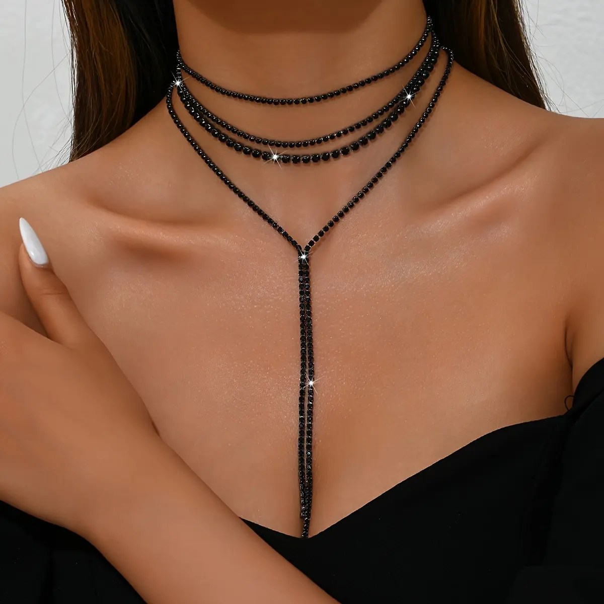 Elegant Multi-Layer Tassel Necklace with Shiny Rhinestones, Black and White Statement Jewelry for Women, Ideal for Bridal and Banquet Events