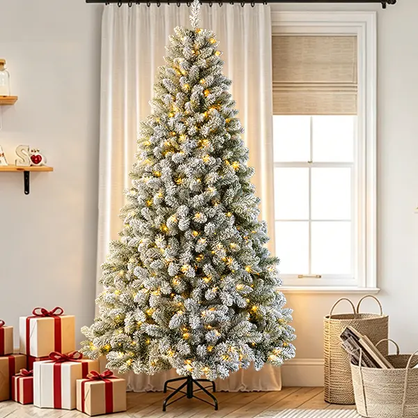 ClouFairy 6ft Pre-Lit Christmas Tree with 380 LED Lights,Snow Flocked Prelit Tree Premium Pre-Decorated Artificial Holiday Decor w/688  Branch Tips Quick-Assembly Hinged Design  Green & White
