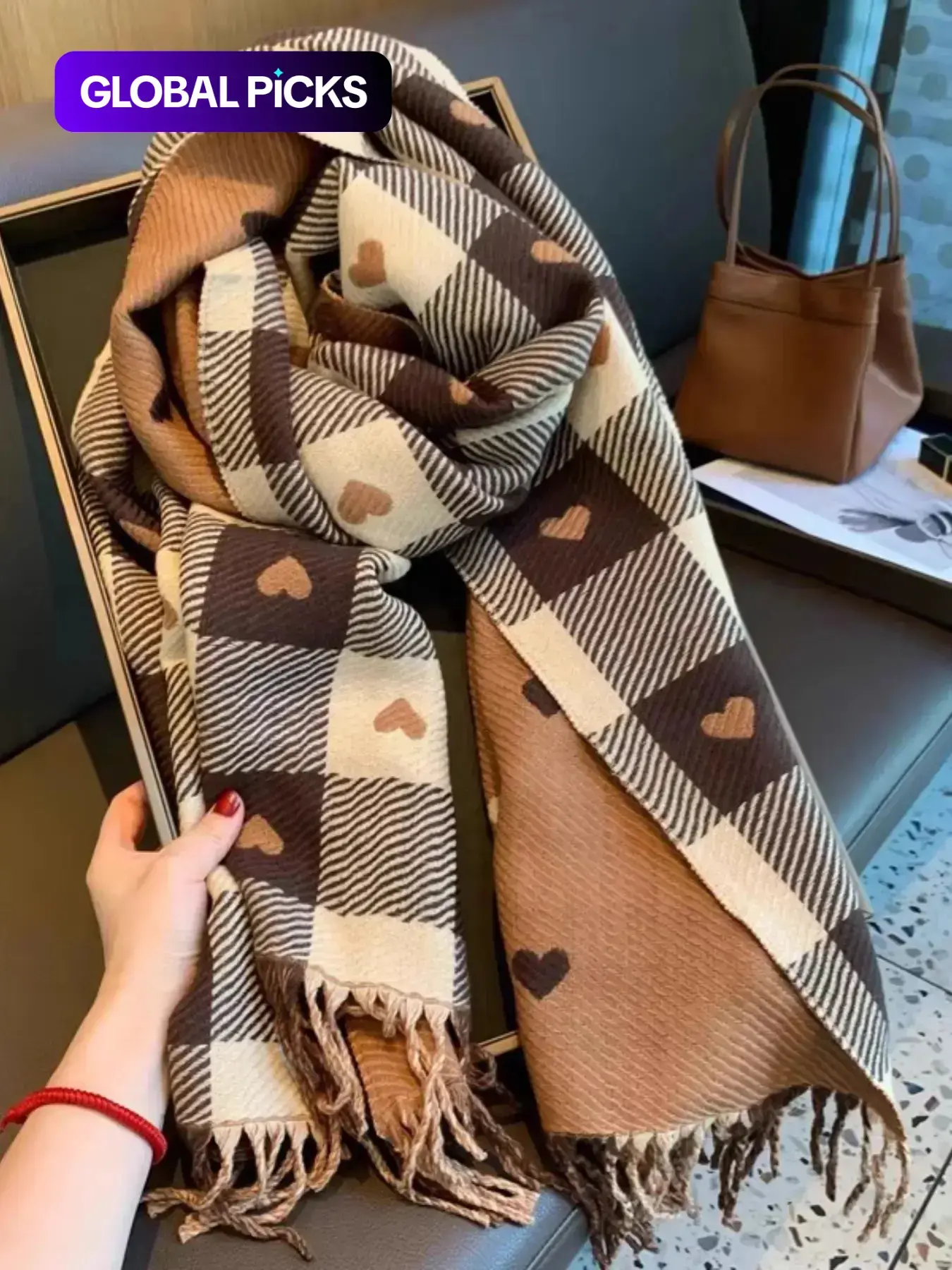 Plaid & Heart Pattern Tassel Decor Shawl, Elegant Soft Warm Thick Shawl for Dress, Women & Men, Fashion Accessories for Fall & Winter, Double Sided Shawl, Shawl Wrap, Double Sided Scarf
