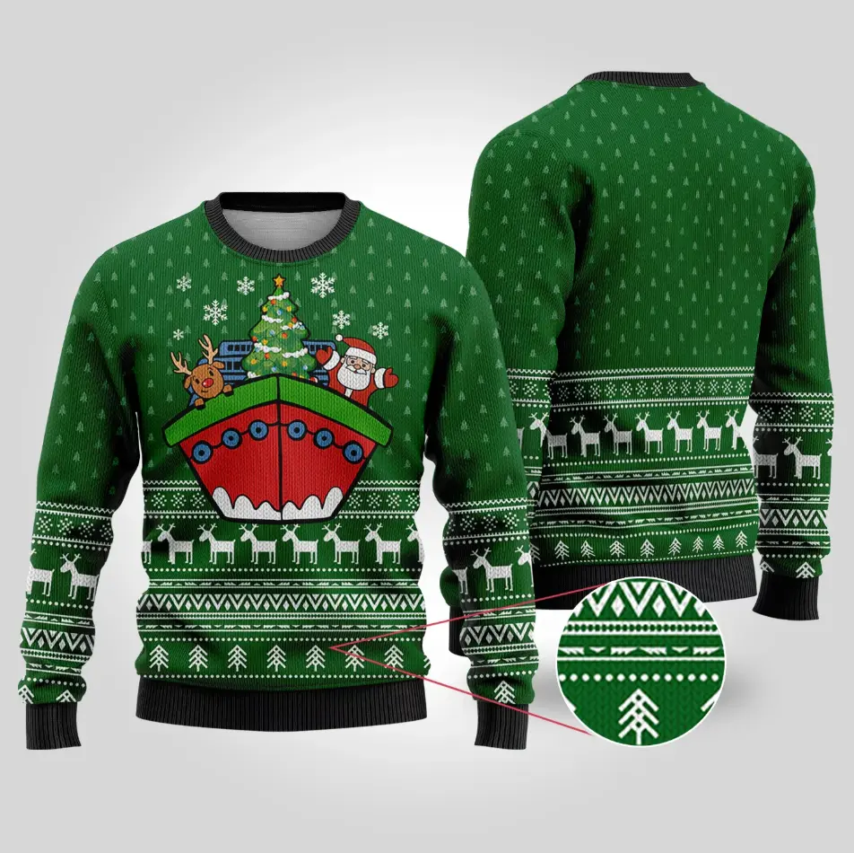 Funny Santa Boat Christmas Sweater – Holiday Knit Pullover with Santa & Reindeer on Ship | Ugly Xmas Sweater for Men & Women