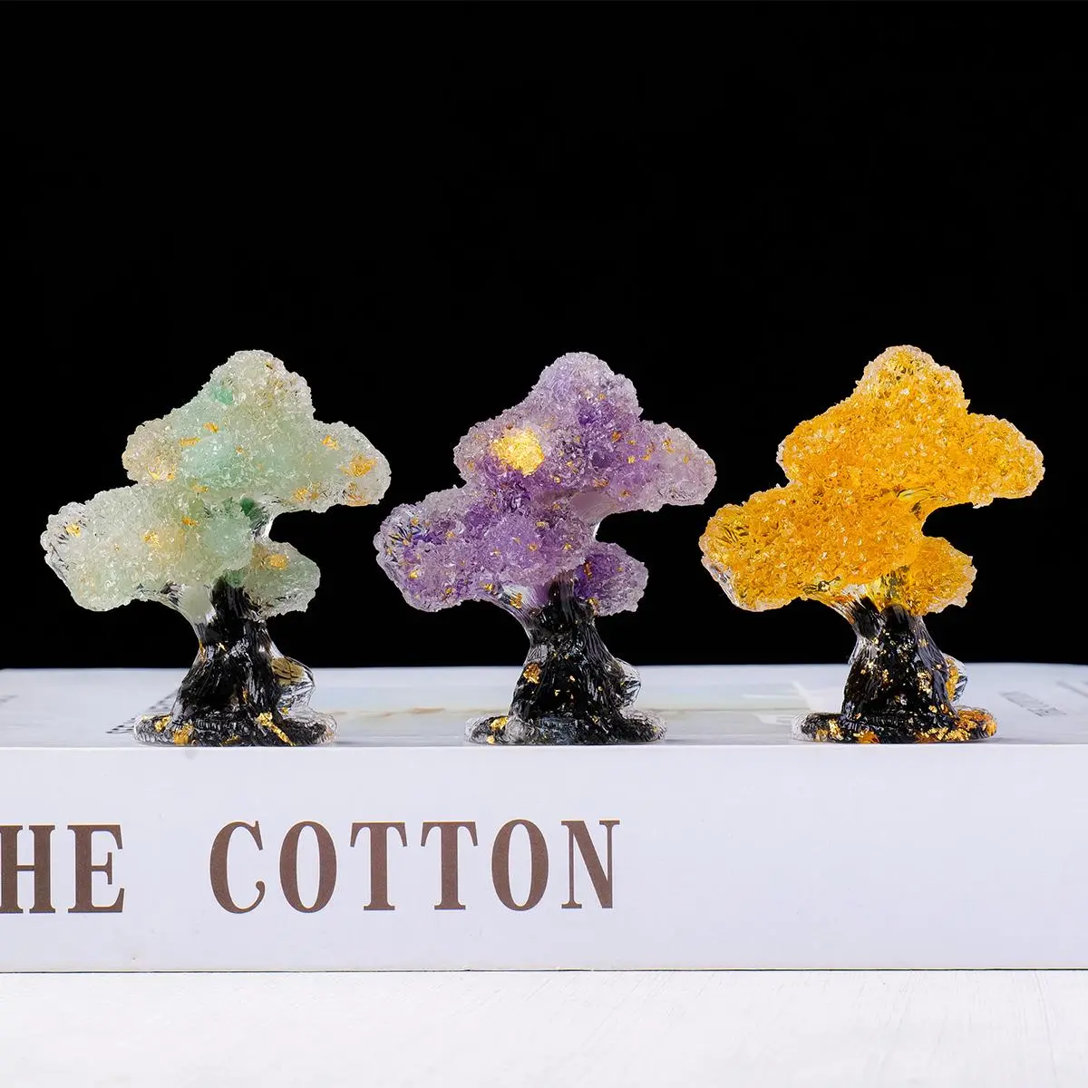 Natural Crystal Stone Resin Mini Tree Statue, 1 Count Reiki Stone Figurine, Fengshui Sculpture for Home Office Decoration