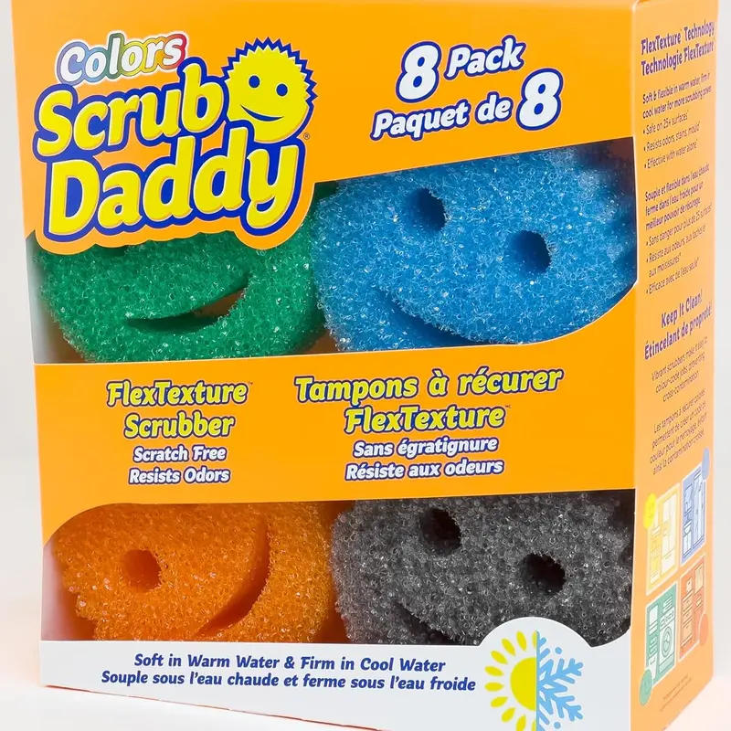 Scrub Daddy FlexTexture Technology Sponge Scrubber 8ct - Reusable Washable Deep Cleaning House Supplies for Dishes, Scratch-Resistant, Odor-Resistant, Warm Water-Soft/Cool Water-Firm, Ergonomic Kitchen Tool