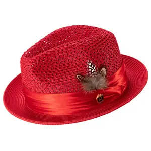 Men's Red Mesh Fedora Hat - Montique Pinch Crown Fedora