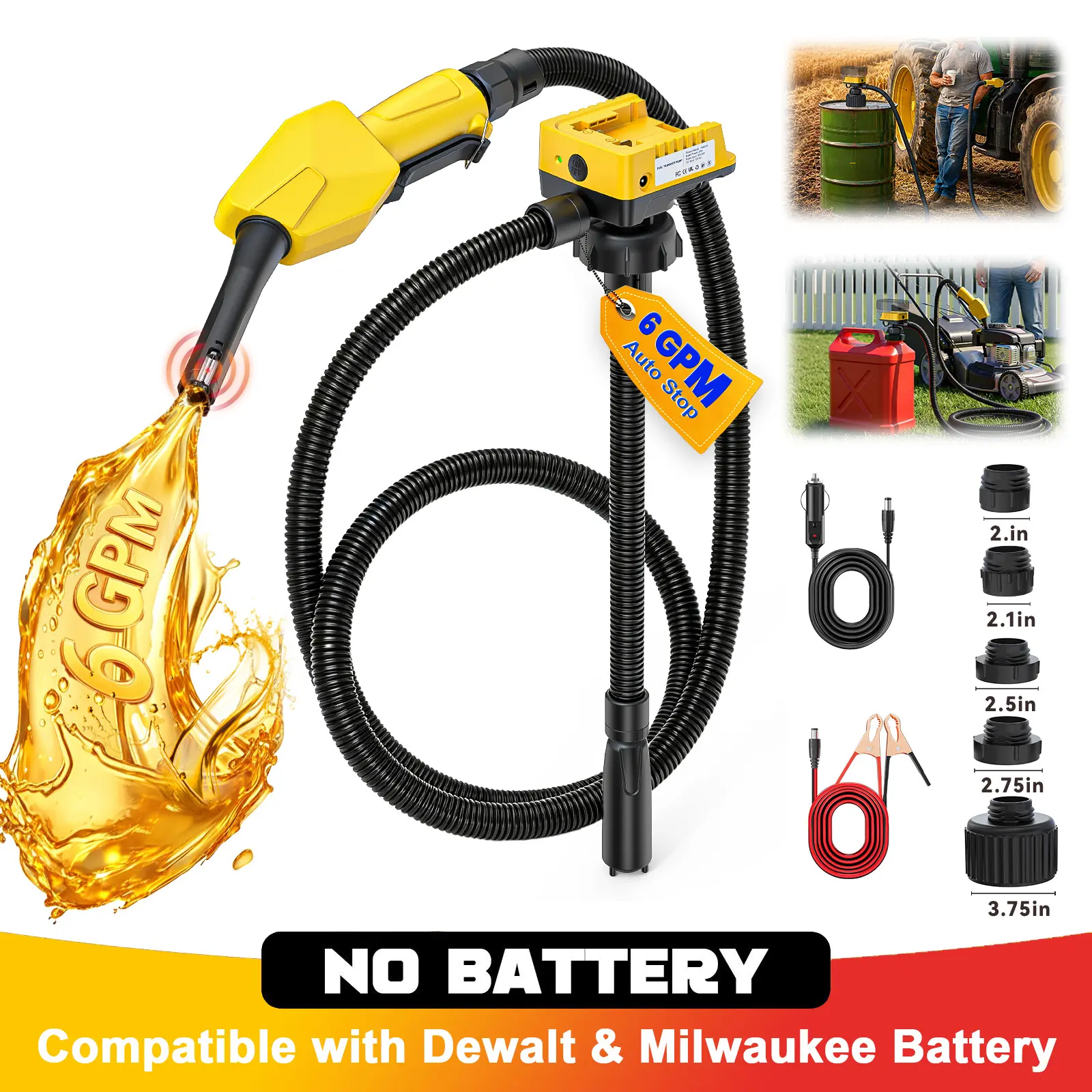 6 GPM Cordless Fuel Transfer Pump Compatible with Dewalt 20V & Milwaukee 18V Batteries, 【Battery NOT Included】, Auto-Stop & Hand Nozzle, 78 Inch Hose & 5 Adapters, for Diesel & Gasoline