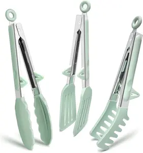 Kitchen Tongs for Cooking, 9 Inch Small Silicone Tongs, Food Grade Mini Serving Tongs with Silicone Tips, Set of 3, Green Utensils