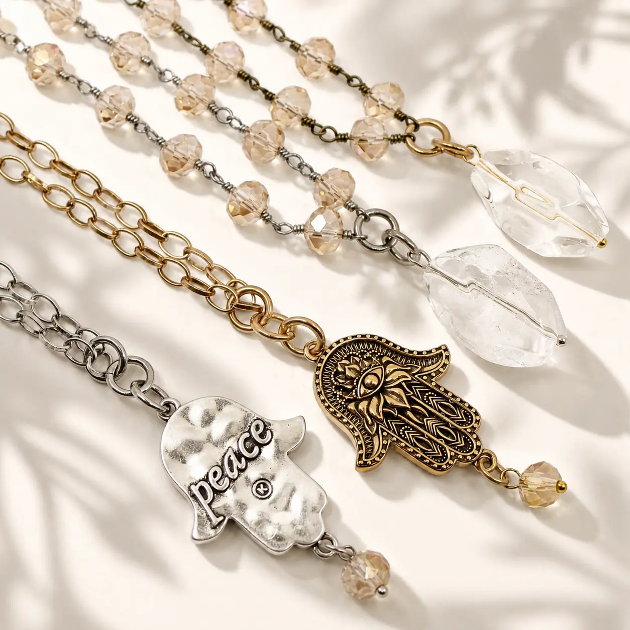 KATIA DESIGNS Elegant Beaded Peace Hamsa Rosary Layering Bundle Necklaces & Pendants - Antique Gold/Silver Stainless Steel Chains, Faceted Beige Crystal Beads, Magnetic Clasps, Cross Pendant
