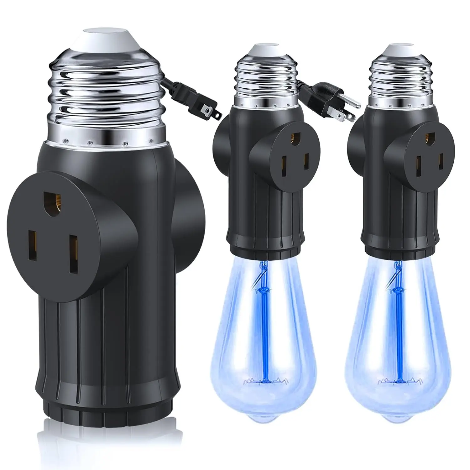 2 Packs 3-in-1 Light Socket Outlet Adapter, Expands 2 & 3 Prong Sockets, E26/E27 Light Bulb Socket to Plug Adapter, Safety Certified with Professional Materials