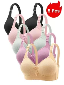5PCS EssElegance Push-Up Jacquard Bra -Adjustable Support Straps & Wire-Free DailyComfort,Women's Lingerie & Underwear Seamless Wireless Supportive Elegant Style Fabric Bra Set Everyday Bra Set Basic