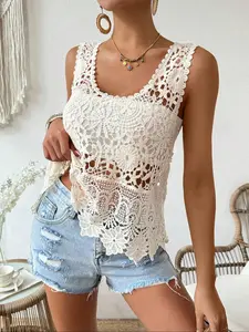 Women's Plain Hollow Out Cover Up Top, Casual Sleeveless Top for Beach Holiday Vacation, Ladies Clothes for Summer, Crochet Cover Up
