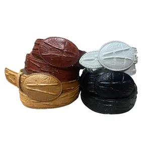 Men's Western Cowboy Belt Genuine Cowhide Leather With Crocodile-Embossed Pattern Round Buckle/ Cinto Hebilla Redonda