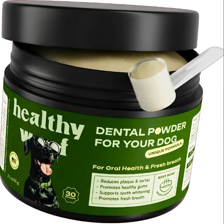 Healthy Woof Dog Dental Powder for Fresh Breath and Daily Oral Care with Kelp, Green Tea Extract and Beef Bone Broth