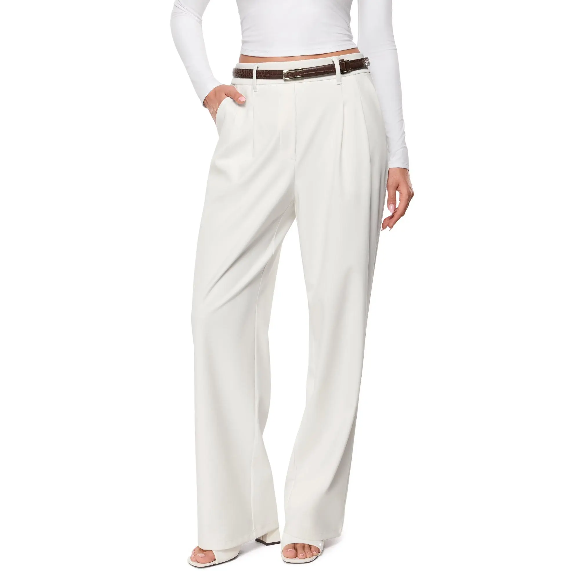INLYRIC Women's Wide Leg Dress Pants High Waisted Stretchy Pull On Work Office Business Casual Trousers Slacks With Pockets
