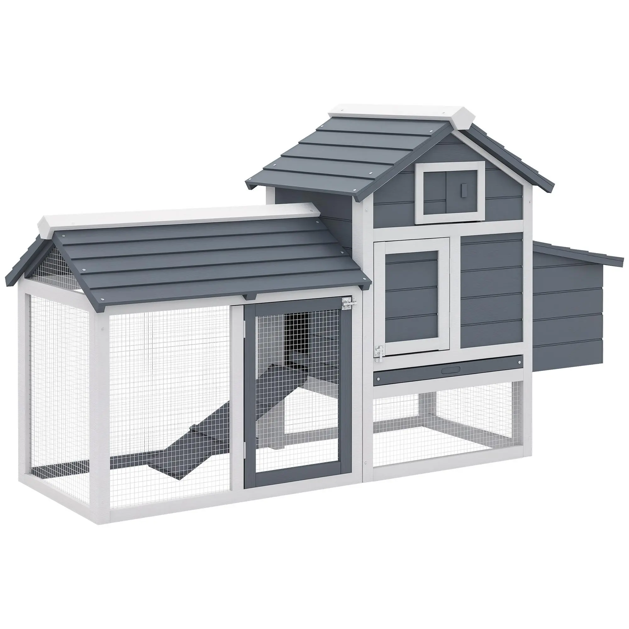 59" Small Wooden Chicken Coop – Solid Fir, Durable. Elevated Coop + Enclosed Run + Nesting Box. Slide-Out Tray, 2 Doors, Ramp. For 1-2 Hens. 59.25" L x 21.25" W x 34.25" H. White