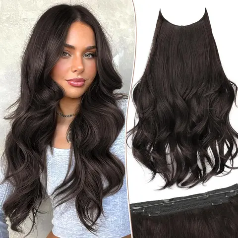 KooKaStyle Invisible Wire Hair Extensions, 20 Inches, Synthetic Wave Curl Pieces, Includes 4 Safety Clips, Adjustable Size, Perfect for Beginners