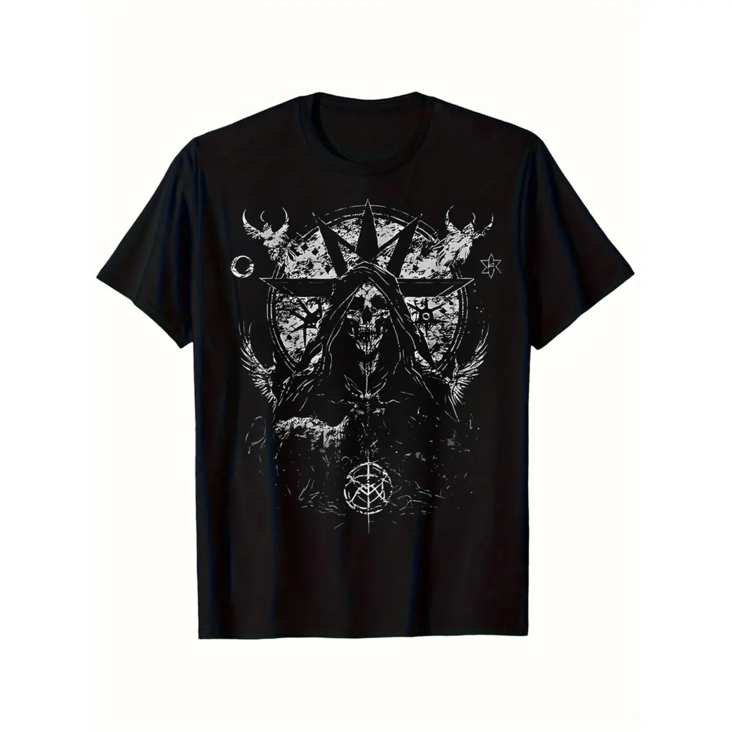 Mystical Gothic Men's T Shirt Casual Crew Neck Short Sleeve Punk Satan Design Featuring Skull Horned God and Pentagram Symbols Ideal for Halloween Easter and Outdoor Wear