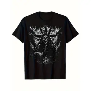 Mystical Gothic Mens Casual Crew Neck Short Sleeve TShirt Featuring Punk Satan Skull Horned God Pentagram Symbols Ideal for Halloween Easter and Outdoor Activities