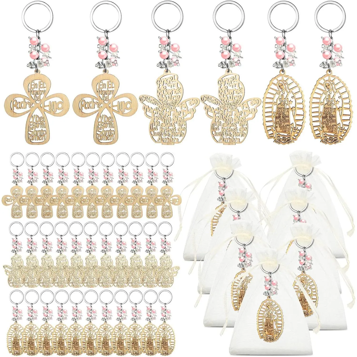 30 Pcs Wooden Cross Baptism Keychain Accessories with Pink Pearls & Organza Gift Bags, Bautizo Party Favors