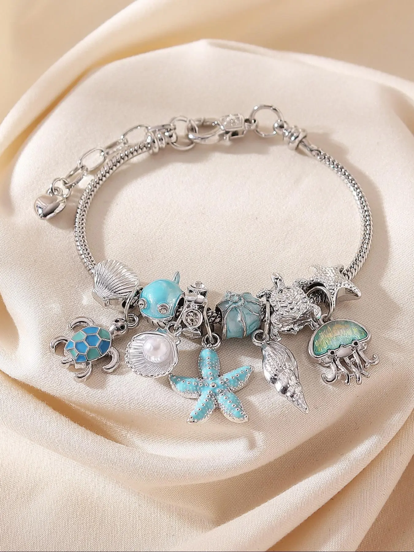 Ocean Themed Charm Bracelet, Cute Turtle & Starfish & Shell & Jellyfish Design Adjustable Bracelet, Trendy Jewellery Accessories, Fashionable Bracelet, Pretty Bracelet, Fashion Accessories for Women & Girls, Water Bracelet