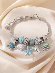 Ocean Themed Charm Bracelet, Cute Turtle & Starfish & Shell & Jellyfish Design Adjustable Bracelet, Trendy Jewellery Accessories, Fashionable Bracelet, Fashion Accessories for Women & Girls