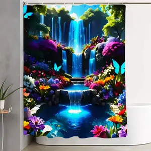 1/4pcs Waterfall Paradise 4-Piece Bathroom Decor Set, Shower Essentials - Lush Rainforest Shower Curtain with Blue Waterfalls, Tropical Flowers & Iridescent Butterflies, Soft Bath Mats & Toilet Seat Cover Perfect for a Whimsical Oasis Retreat