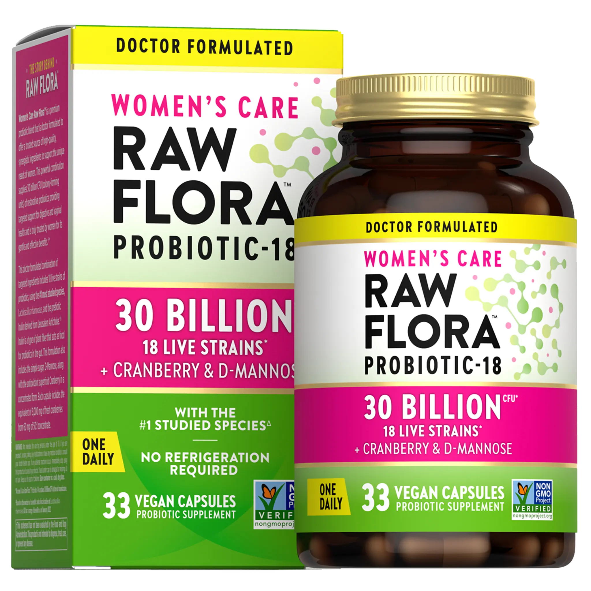 Raw Flora Women’s Care Probiotic, 30 Billion CFU, 33 Vegan Capsules, Supports Gut & Microbiome Balance
