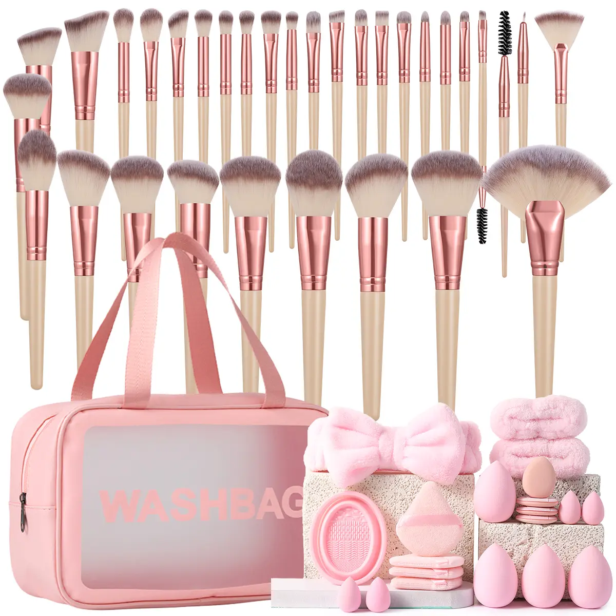 53PCS Makeup Tools Set:Cosmetic Bag Waterproof+Makeup Brush Set+Makeup Sponges+Triangle Powder Puffs+Mini Air Cushion Powder Puffs+Makeup Brush Cleaning Tools+ Hairband+Hand Bowl Strap, Kit,,back to school