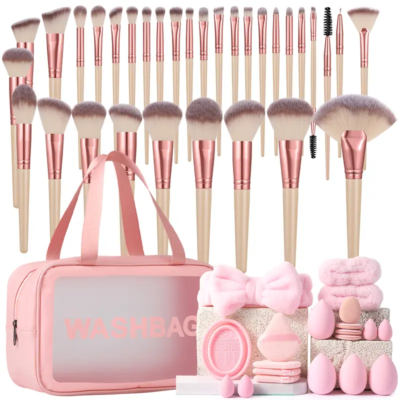 53PCS Smooth Makeup Tools Kit - Zipper Waterproof Cosmetic Bag, Blending Brush Set, Beauty Sponge, Triangle Powder Puffs, Mini Air Cushion Powder Puffs, Makeup Brush Cleansing Tools, Hairband, Hand Bowl Strap (Back to School)