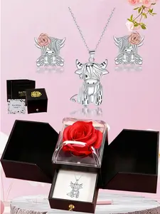 Cute Copper Jewelry Set Highland Cow Necklace Earrings Gift Box, Elegant Heart Design, Perfect Mother's Day Valentine's Day Present