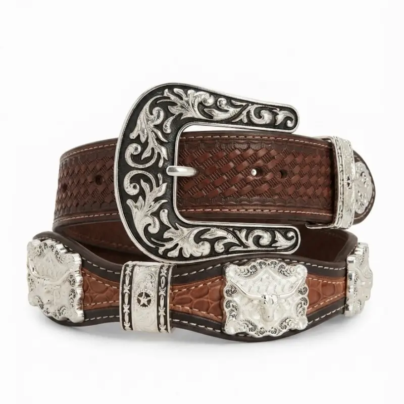 Men's Brown Leather Concho Western Belt, Vintage Cowboy Style with Chain Accent and Ornate Metal Buckle, Western Style Belt, Cowboy Belt