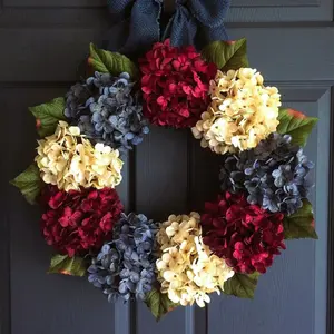 Patriotic & Blue Hydrangea Wreath, Artificial Floral Door Hanging, Realistic Decorative Plastic Blooms, 4th of July Party Decor, Faux Hydrangea Flowers